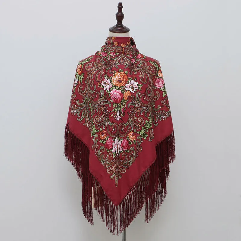Ethnic Retro Flower Square Scarf Muslim Shawl Fringed Scarves for Women Ladies Girls