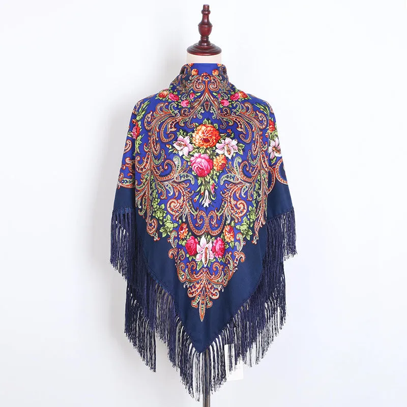 Ethnic Retro Flower Square Scarf Muslim Shawl Fringed Scarves for Women Ladies Girls