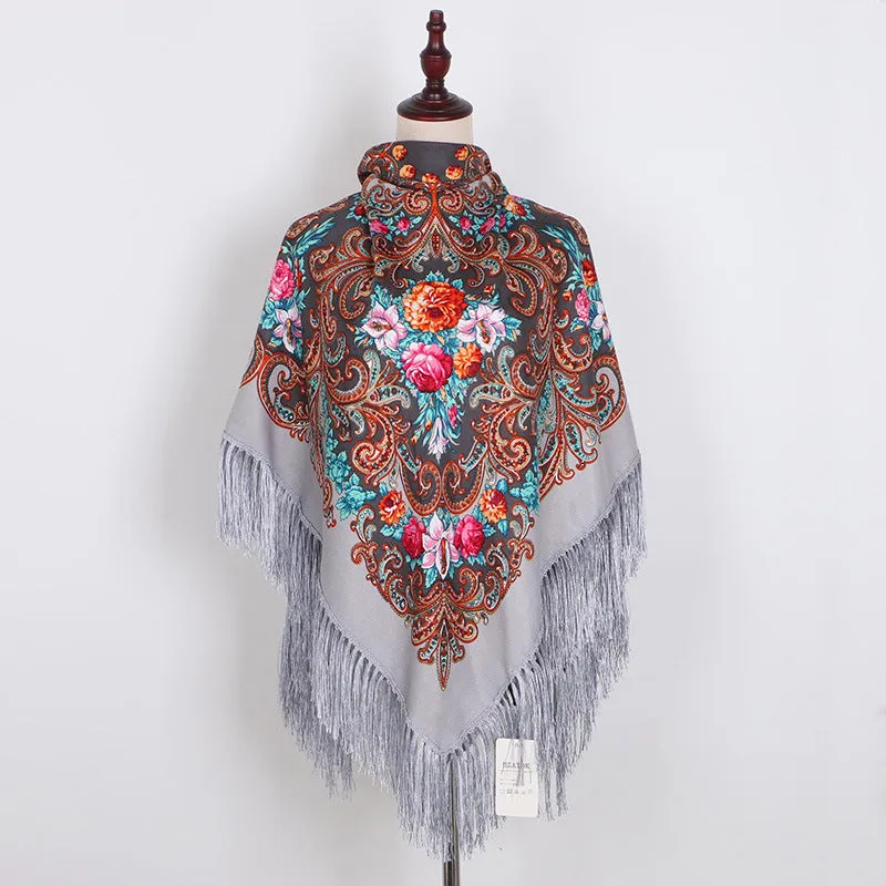Ethnic Retro Flower Square Scarf Muslim Shawl Fringed Scarves for Women Ladies Girls