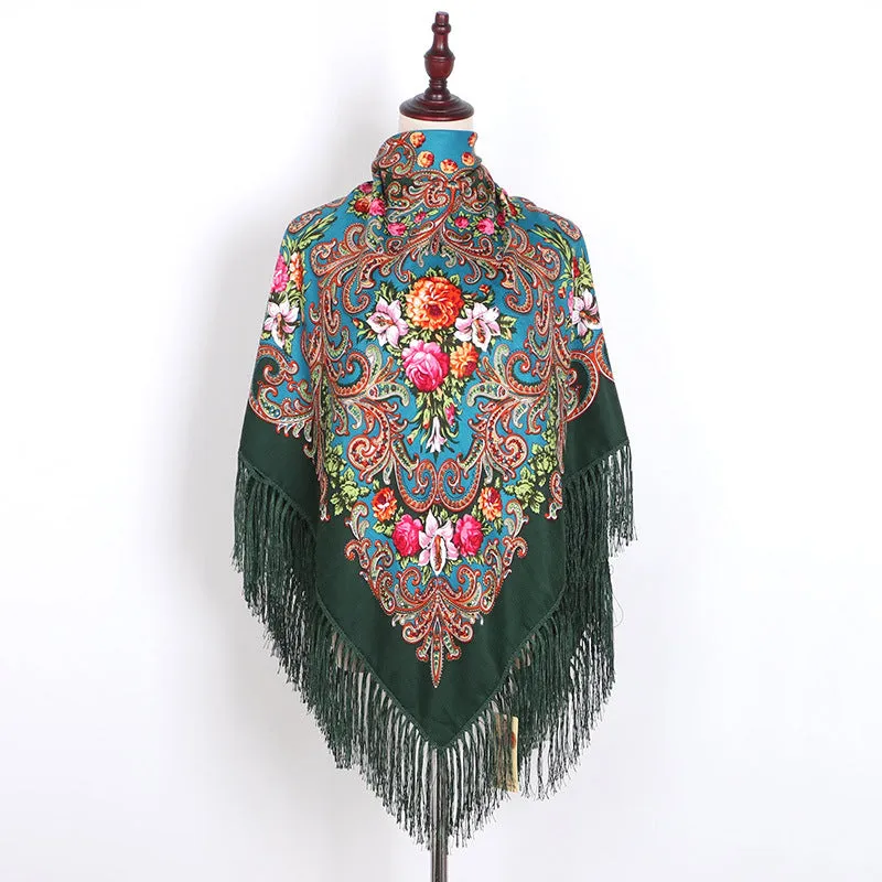 Ethnic Retro Flower Square Scarf Muslim Shawl Fringed Scarves for Women Ladies Girls