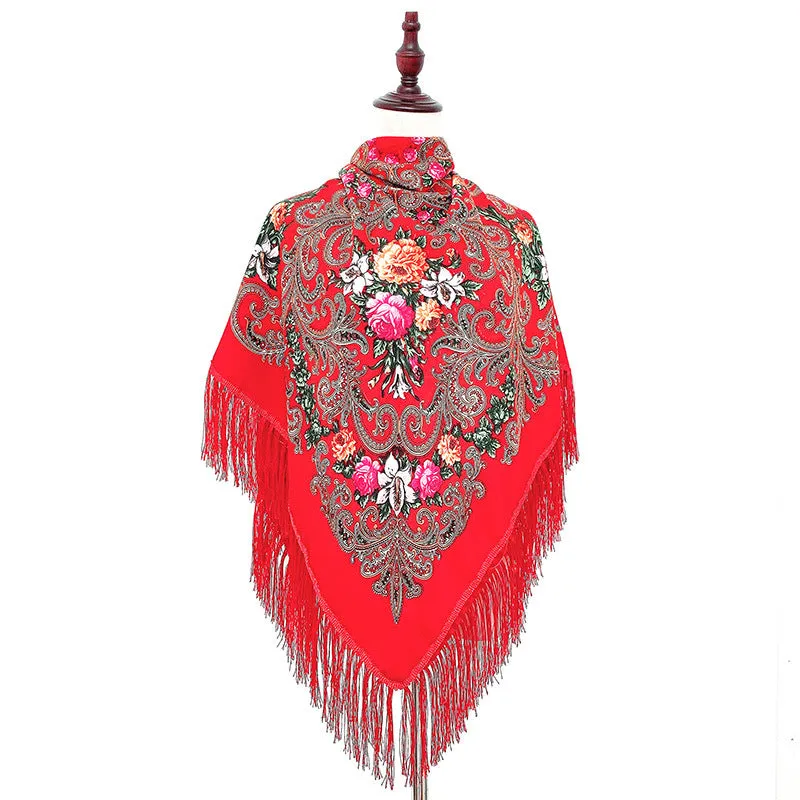 Ethnic Retro Flower Square Scarf Muslim Shawl Fringed Scarves for Women Ladies Girls