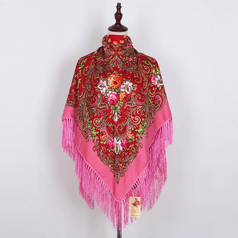 Ethnic Retro Flower Square Scarf Muslim Shawl Fringed Scarves for Women Ladies Girls