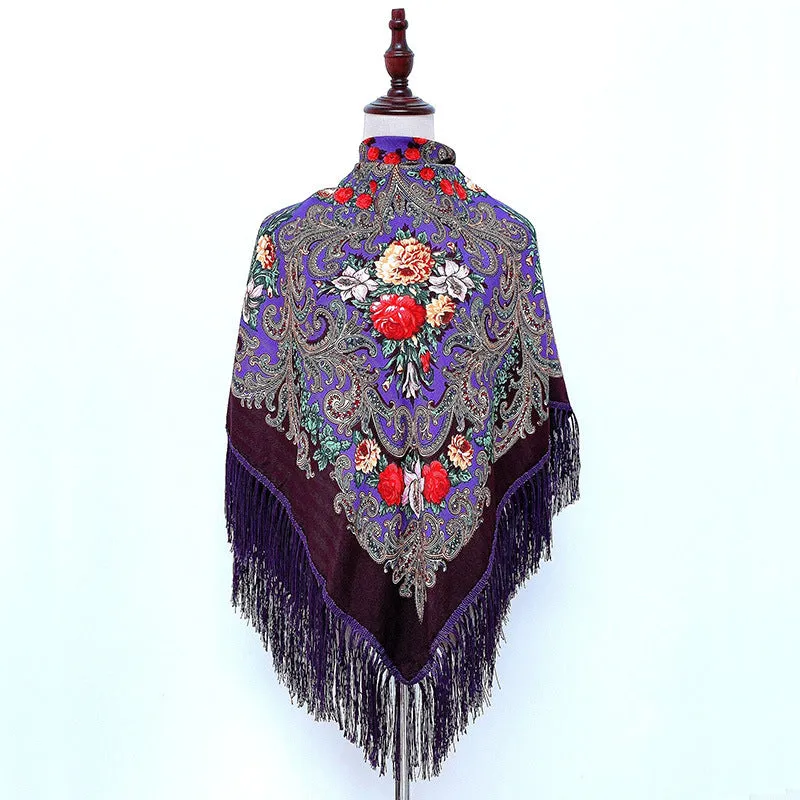 Ethnic Retro Flower Square Scarf Muslim Shawl Fringed Scarves for Women Ladies Girls