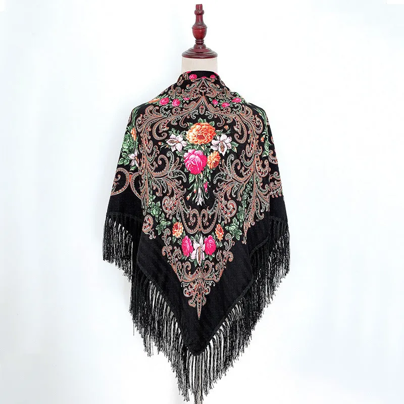 Ethnic Retro Flower Square Scarf Muslim Shawl Fringed Scarves for Women Ladies Girls