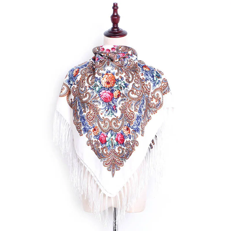 Ethnic Retro Flower Square Scarf Shawl Fringed Scarves for Women Ladies Girls