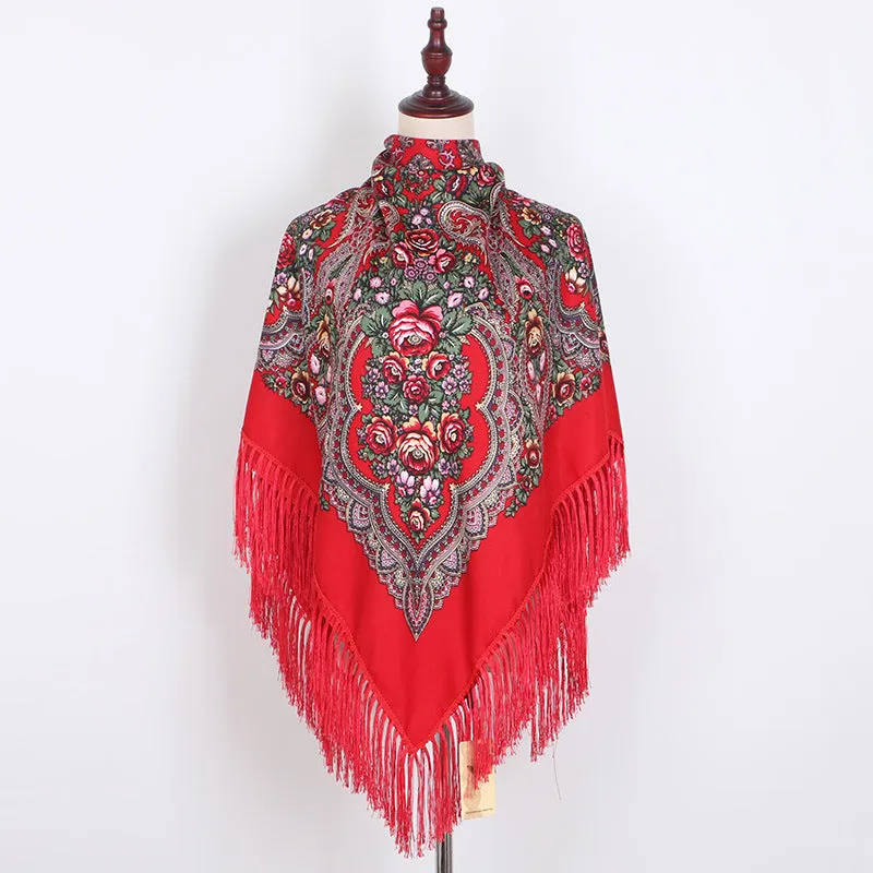 Ethnic Retro Flower Square Scarf Shawl Fringed Scarves for Women Ladies Girls