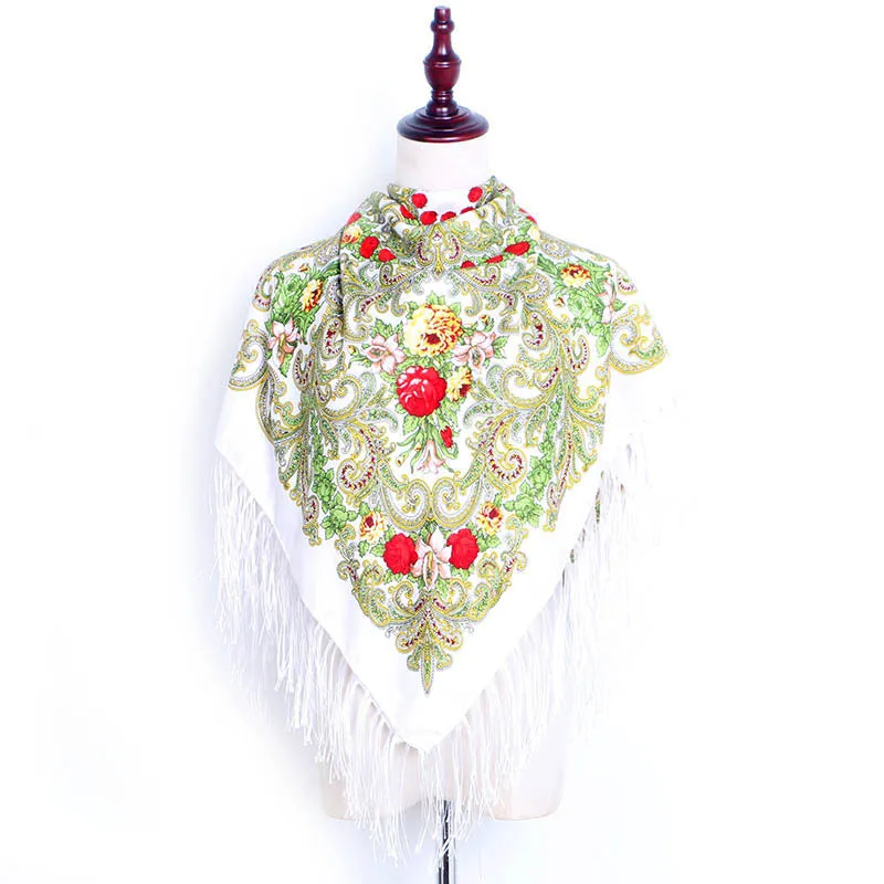 Ethnic Retro Flower Square Scarf Shawl Fringed Scarves for Women Ladies Girls