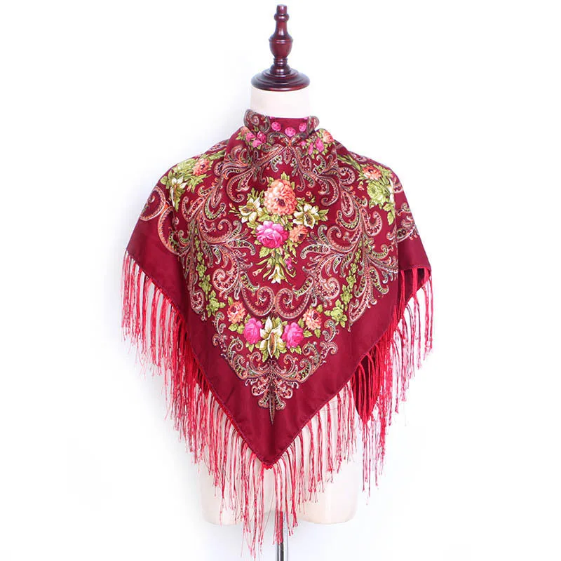 Ethnic Retro Flower Square Scarf Shawl Fringed Scarves for Women Ladies Girls