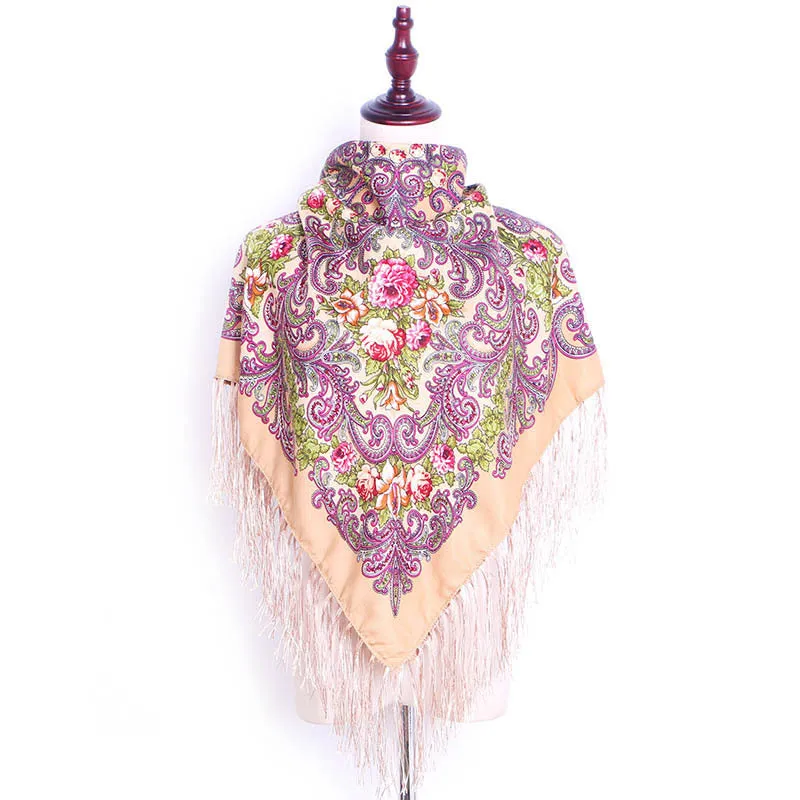 Ethnic Retro Flower Square Scarf Shawl Fringed Scarves for Women Ladies Girls