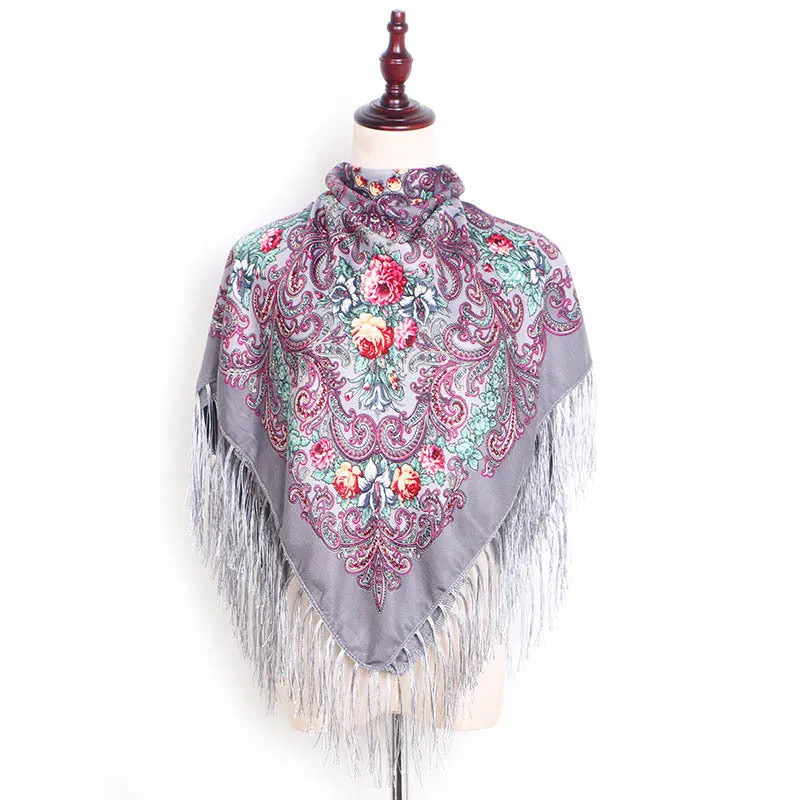 Ethnic Retro Flower Square Scarf Shawl Fringed Scarves for Women Ladies Girls