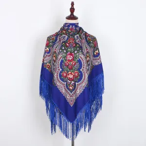 Ethnic Retro Flower Square Scarf Shawl Fringed Scarves for Women Ladies Girls