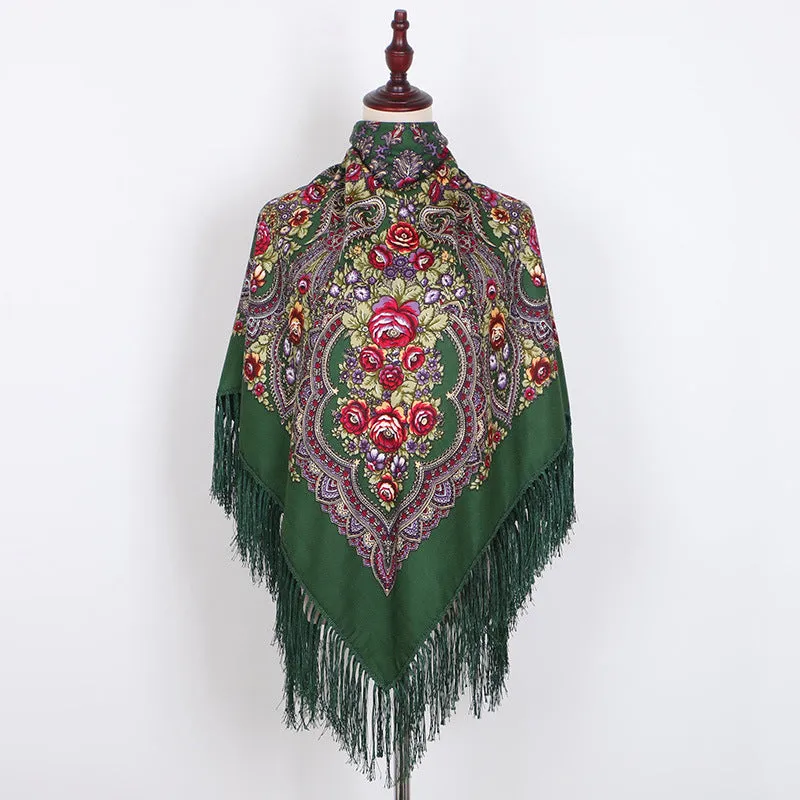 Ethnic Retro Flower Square Scarf Shawl Fringed Scarves for Women Ladies Girls