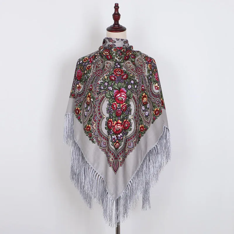 Ethnic Retro Flower Square Scarf Shawl Fringed Scarves for Women Ladies Girls