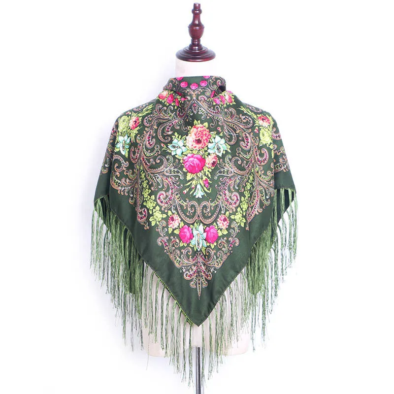 Ethnic Retro Flower Square Scarf Shawl Fringed Scarves for Women Ladies Girls