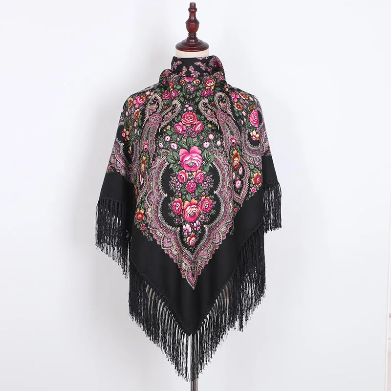 Ethnic Retro Flower Square Scarf Shawl Fringed Scarves for Women Ladies Girls