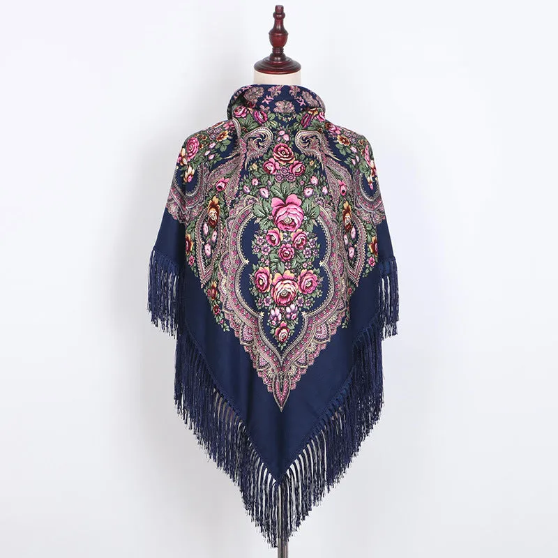 Ethnic Retro Flower Square Scarf Shawl Fringed Scarves for Women Ladies Girls