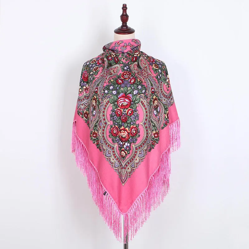Ethnic Retro Flower Square Scarf Shawl Fringed Scarves for Women Ladies Girls