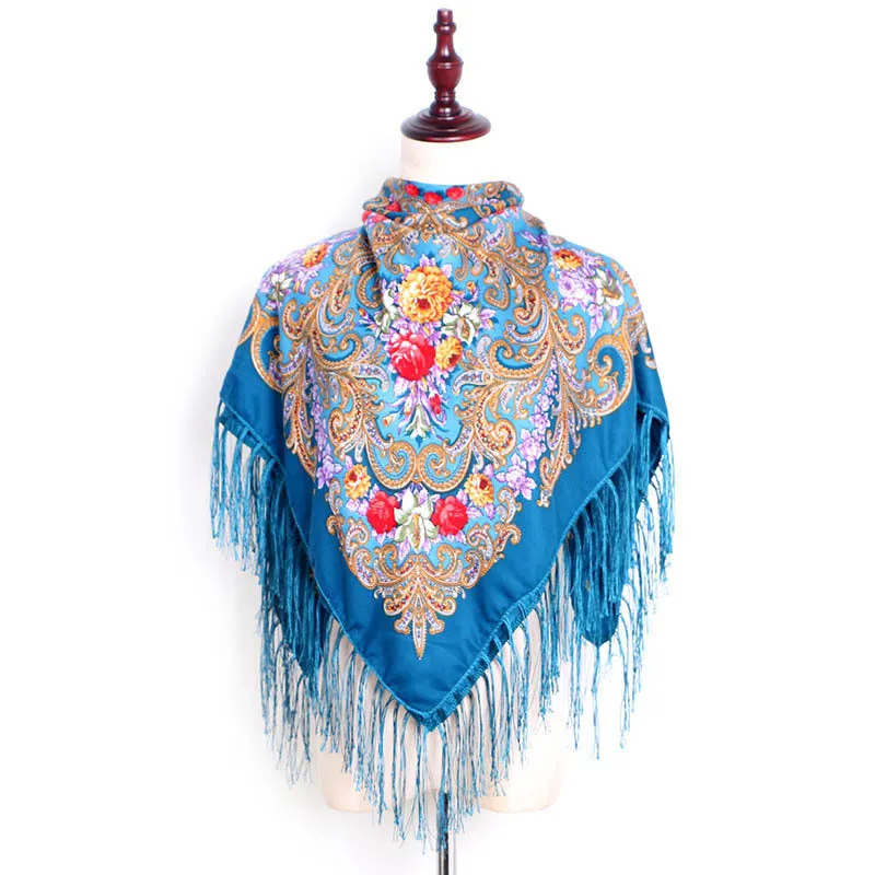 Ethnic Retro Flower Square Scarf Shawl Fringed Scarves for Women Ladies Girls