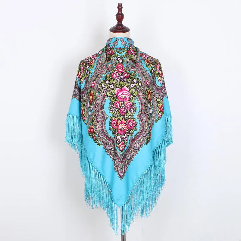 Ethnic Retro Flower Square Scarf Shawl Fringed Scarves for Women Ladies Girls