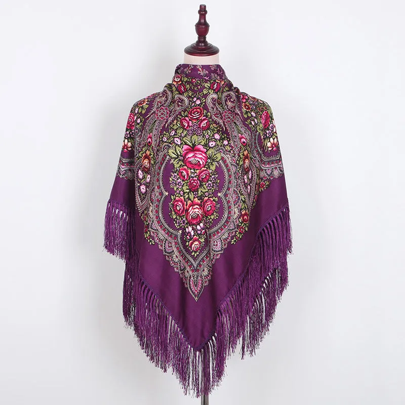 Ethnic Retro Flower Square Scarf Shawl Fringed Scarves for Women Ladies Girls