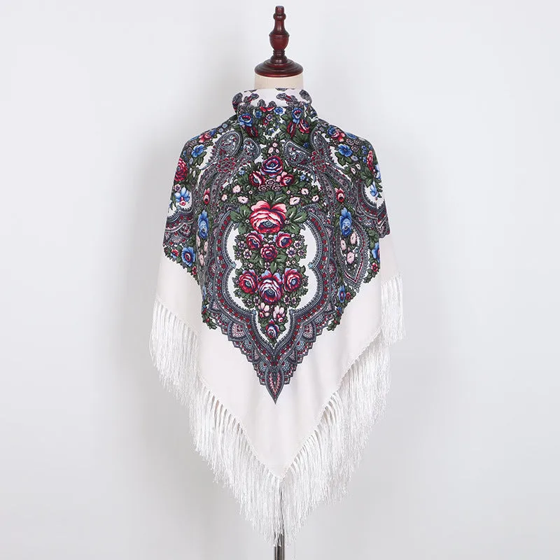 Ethnic Retro Flower Square Scarf Shawl Fringed Scarves for Women Ladies Girls