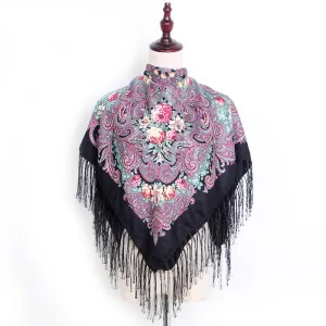 Ethnic Retro Flower Square Scarf Shawl Fringed Scarves for Women Ladies Girls