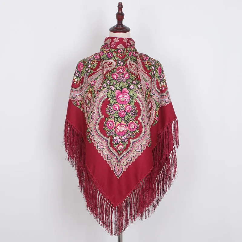 Ethnic Retro Flower Square Scarf Shawl Fringed Scarves for Women Ladies Girls