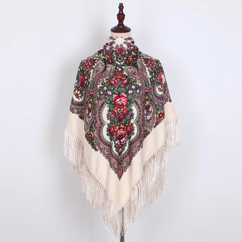 Ethnic Retro Flower Square Scarf Shawl Fringed Scarves for Women Ladies Girls