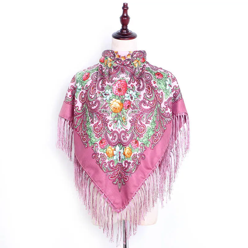 Ethnic Retro Flower Square Scarf Shawl Fringed Scarves for Women Ladies Girls