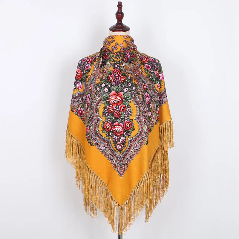 Ethnic Retro Flower Square Scarf Shawl Fringed Scarves for Women Ladies Girls