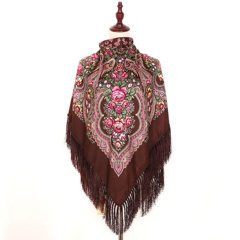 Ethnic Retro Flower Square Scarf Shawl Fringed Scarves for Women Ladies Girls
