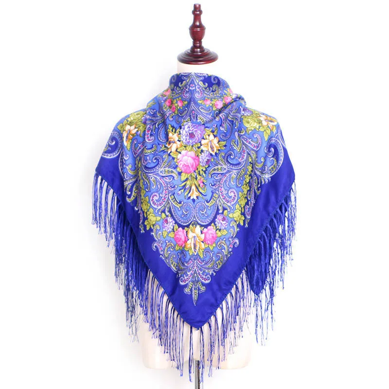 Ethnic Retro Flower Square Scarf Shawl Fringed Scarves for Women Ladies Girls