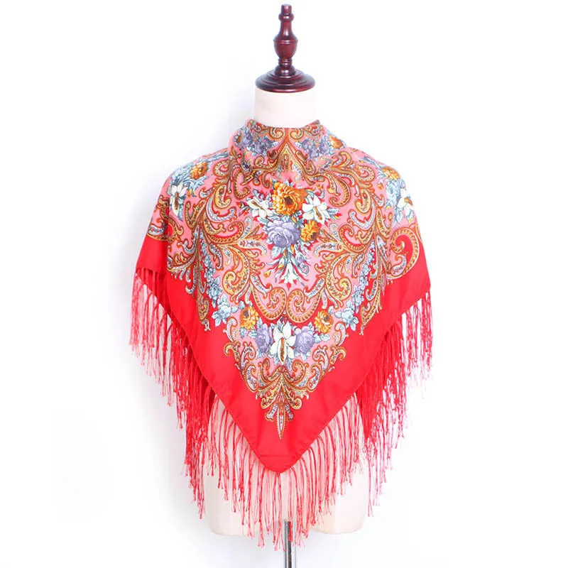 Ethnic Retro Flower Square Scarf Shawl Fringed Scarves for Women Ladies Girls