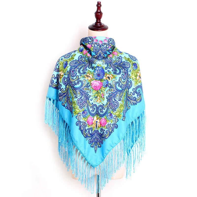 Ethnic Retro Flower Square Scarf Shawl Fringed Scarves for Women Ladies Girls