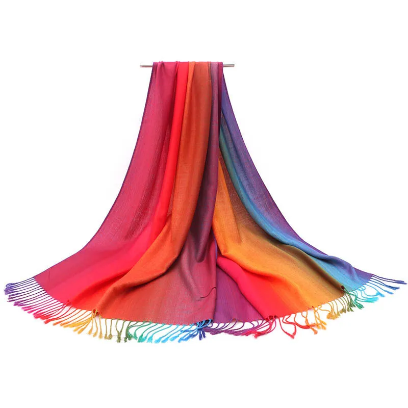 Ethnic Style Rainbow Gradient Color Long Soft Neck Scarf Wrap Shawl for Ladies Girls Women