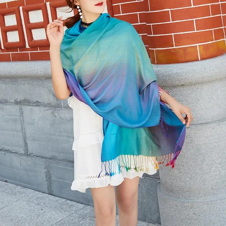 Ethnic Style Rainbow Gradient Color Long Soft Neck Scarf Wrap Shawl for Ladies Girls Women