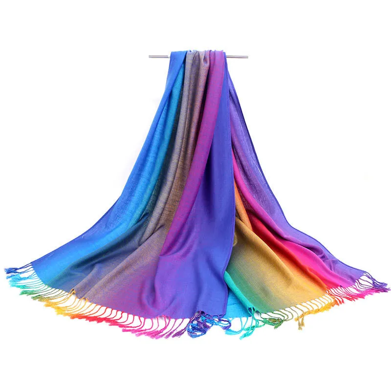 Ethnic Style Rainbow Gradient Color Long Soft Neck Scarf Wrap Shawl for Ladies Girls Women