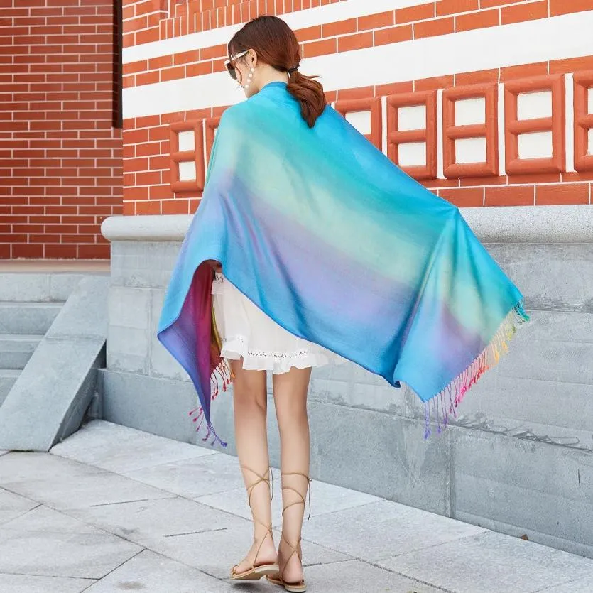 Ethnic Style Rainbow Gradient Color Long Soft Neck Scarf Wrap Shawl for Ladies Girls Women