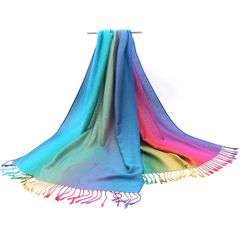 Ethnic Style Rainbow Gradient Color Long Soft Neck Scarf Wrap Shawl for Ladies Girls Women