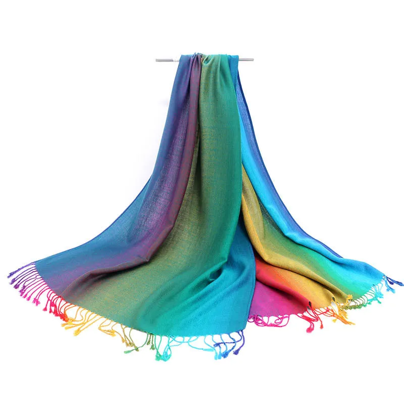 Ethnic Style Rainbow Gradient Color Long Soft Neck Scarf Wrap Shawl for Ladies Girls Women