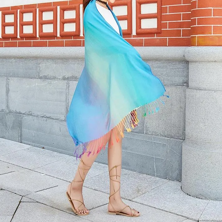 Ethnic Style Rainbow Gradient Color Long Soft Neck Scarf Wrap Shawl for Ladies Girls Women