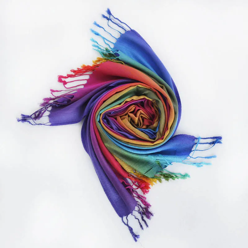 Ethnic Style Rainbow Gradient Color Long Soft Neck Scarf Wrap Shawl for Ladies Girls Women
