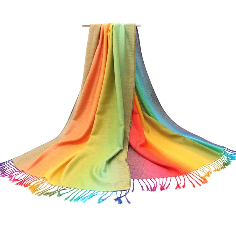 Ethnic Style Rainbow Gradient Color Long Soft Neck Scarf Wrap Shawl for Ladies Girls Women