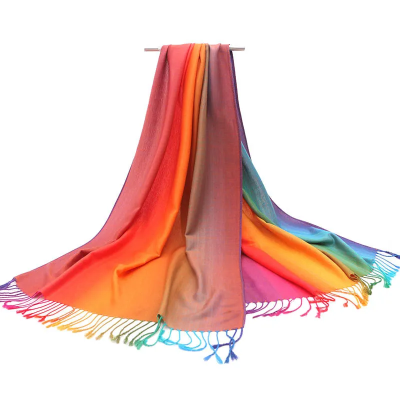 Ethnic Style Rainbow Gradient Color Long Soft Neck Scarf Wrap Shawl for Ladies Girls Women