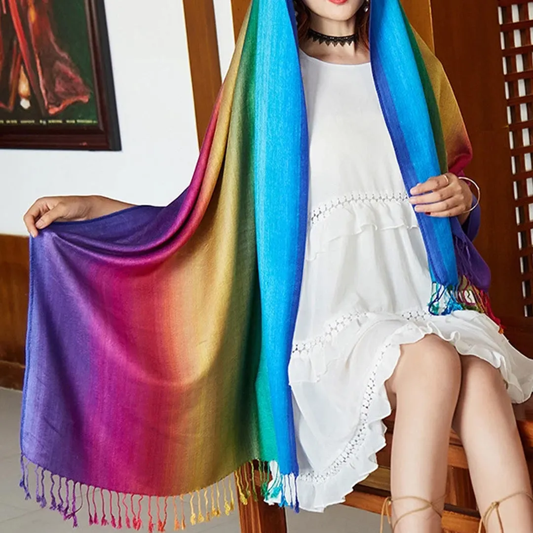 Ethnic Style Rainbow Gradient Color Long Soft Neck Scarf Wrap Shawl for Ladies Girls Women