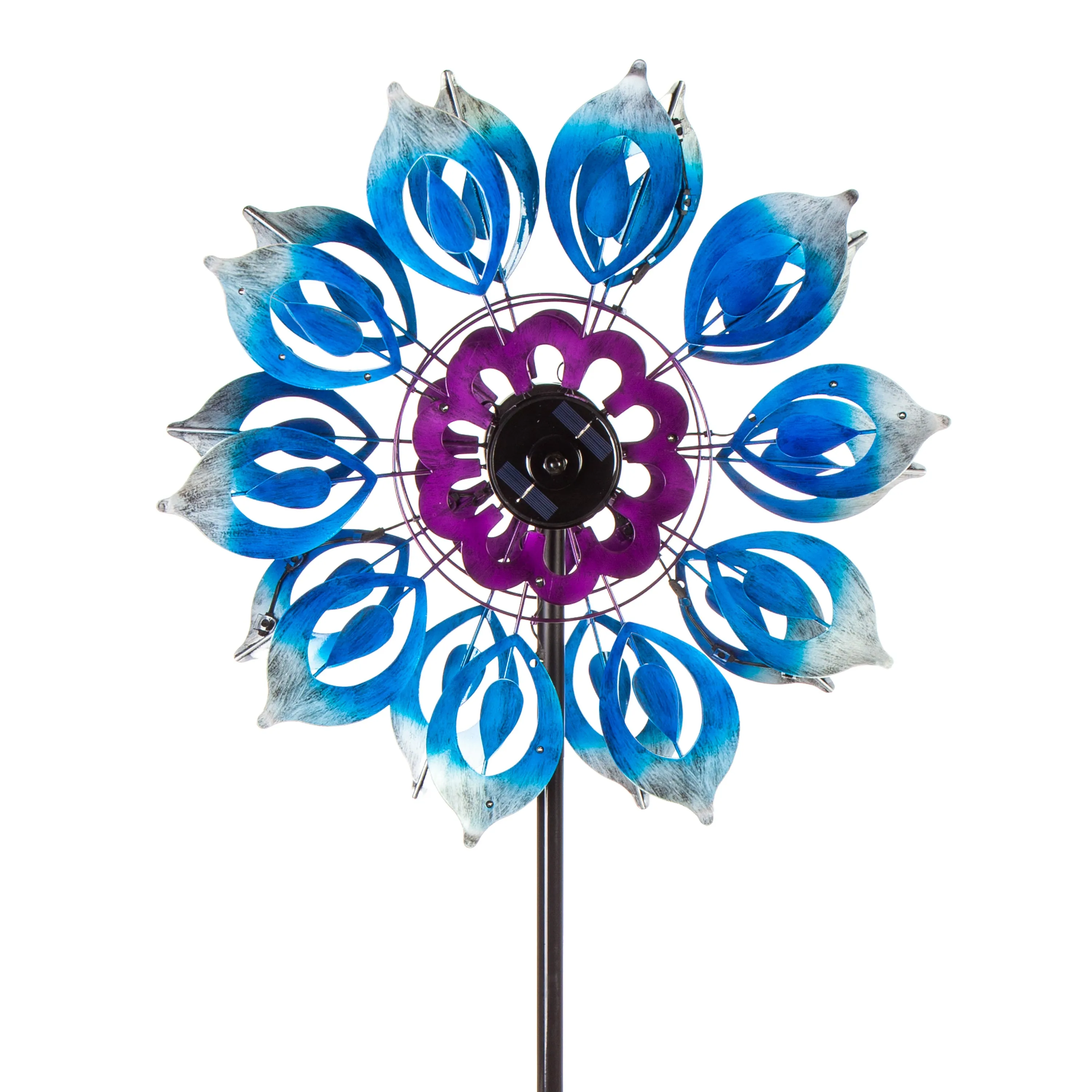 Evergreen Wind,75"H Solar Wind Spinner, Blue Blooms,24x10.25x75 Inches