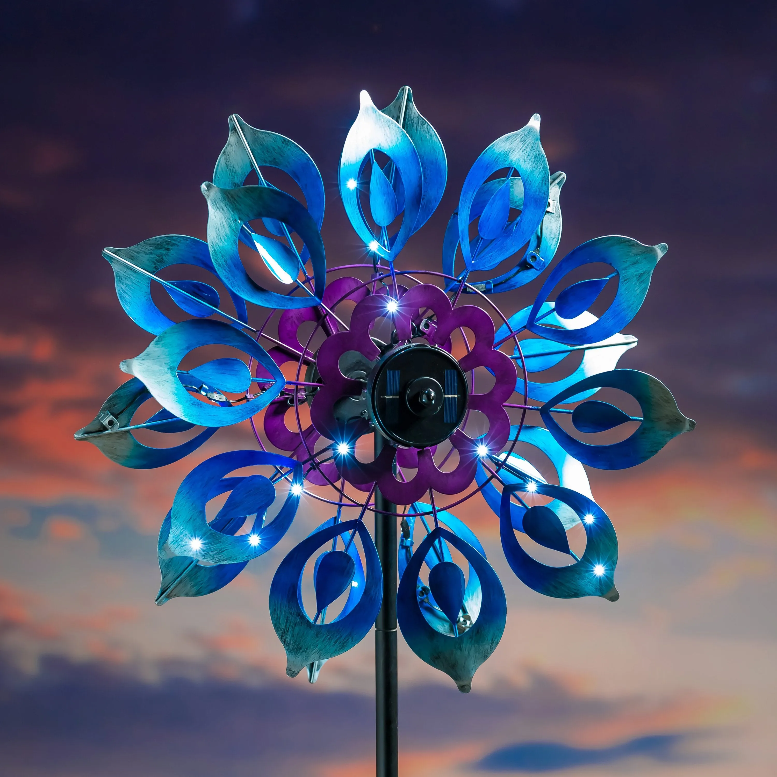 Evergreen Wind,75"H Solar Wind Spinner, Blue Blooms,24x10.25x75 Inches