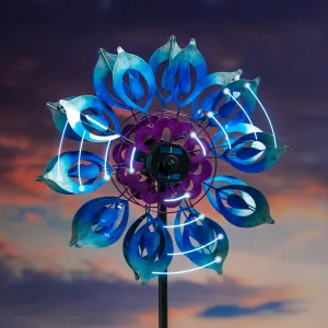 Evergreen Wind,75"H Solar Wind Spinner, Blue Blooms,24x10.25x75 Inches