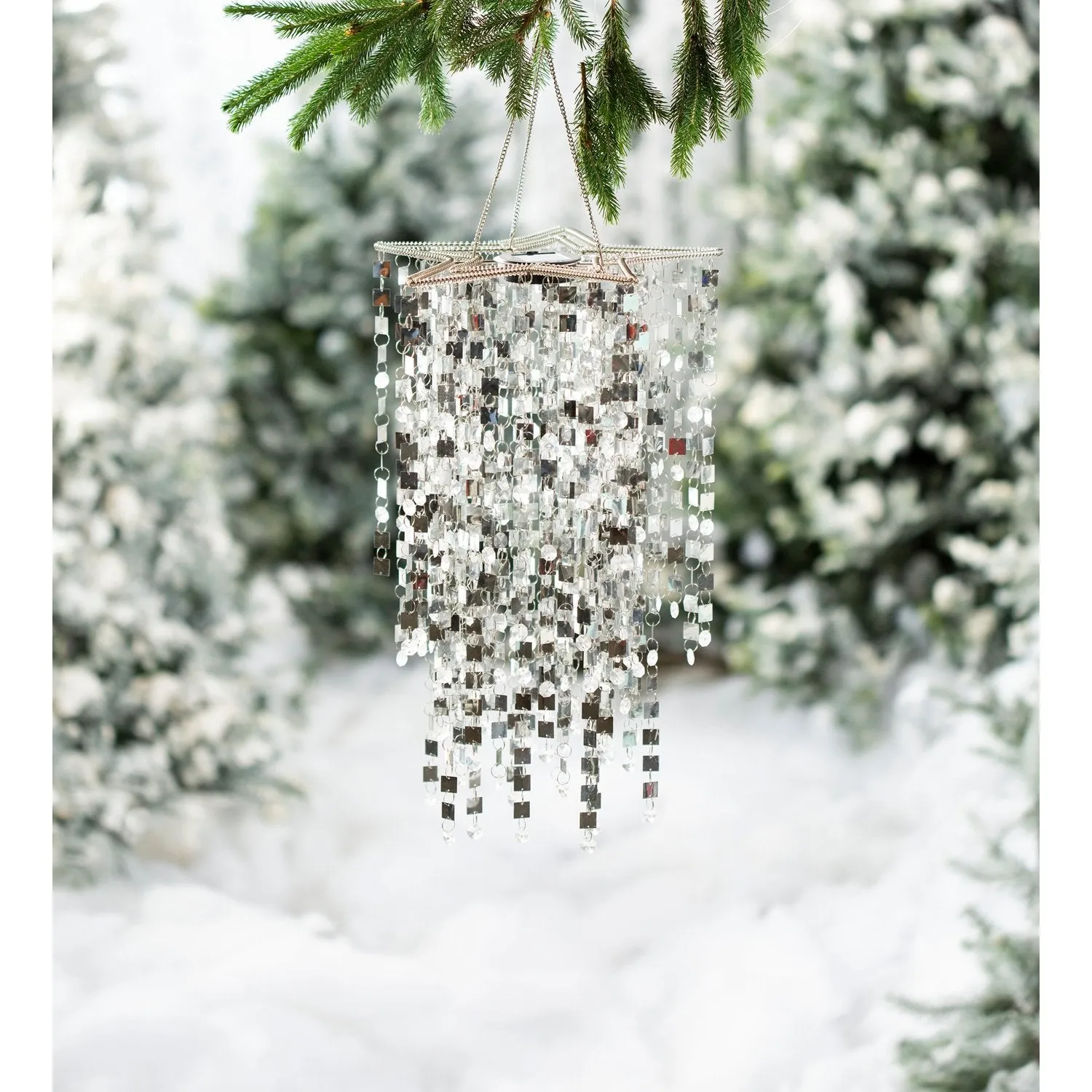 Evergreen Wind,Silver Mirrored Star-Shaped Outdoor Chandelier with Solar Lights,12x12x29.5 Inches