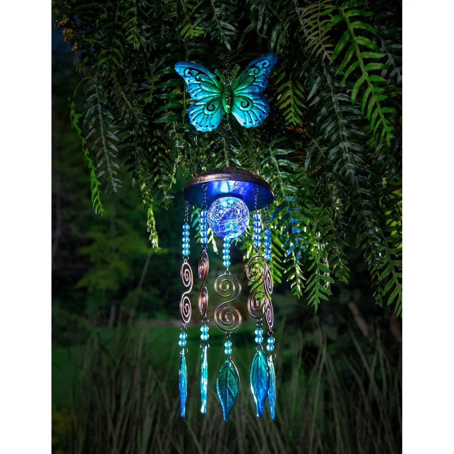 Evergreen Wind,Solar Metallic Butterfly Windchime,5.1x5.1x23.62 Inches